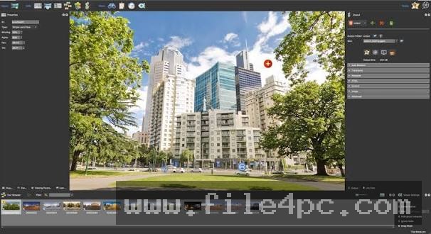 The main interface displaying a high-resolution spherical panorama imported into the central viewing workspace.